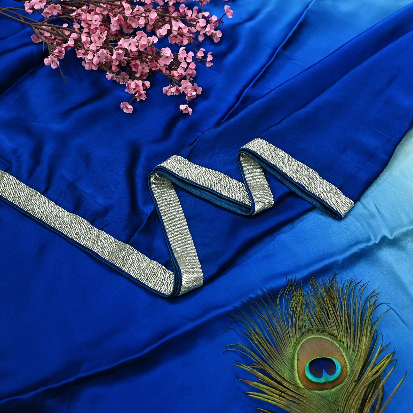 Rare Vintage Green & Blue Pure Satin Silk Saree Hand Embroidered Fabric 5.5 Yard