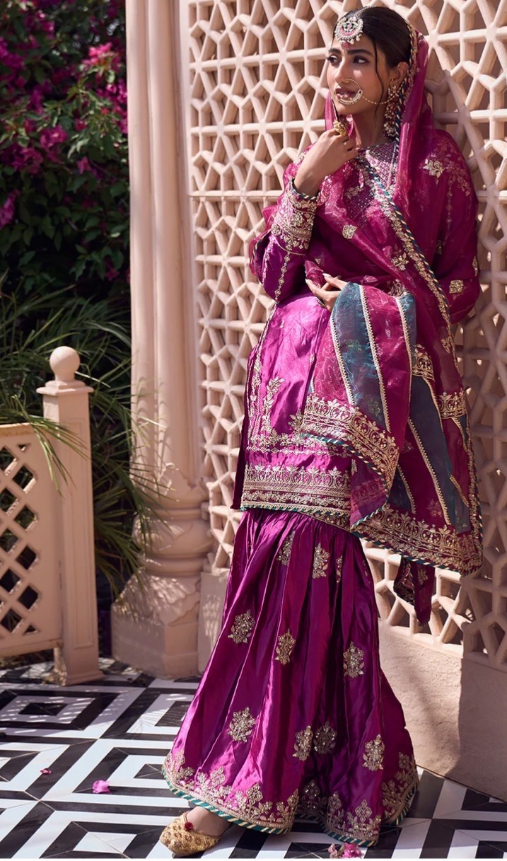 Indian Pakistani deep wine embroidered gharara suit
