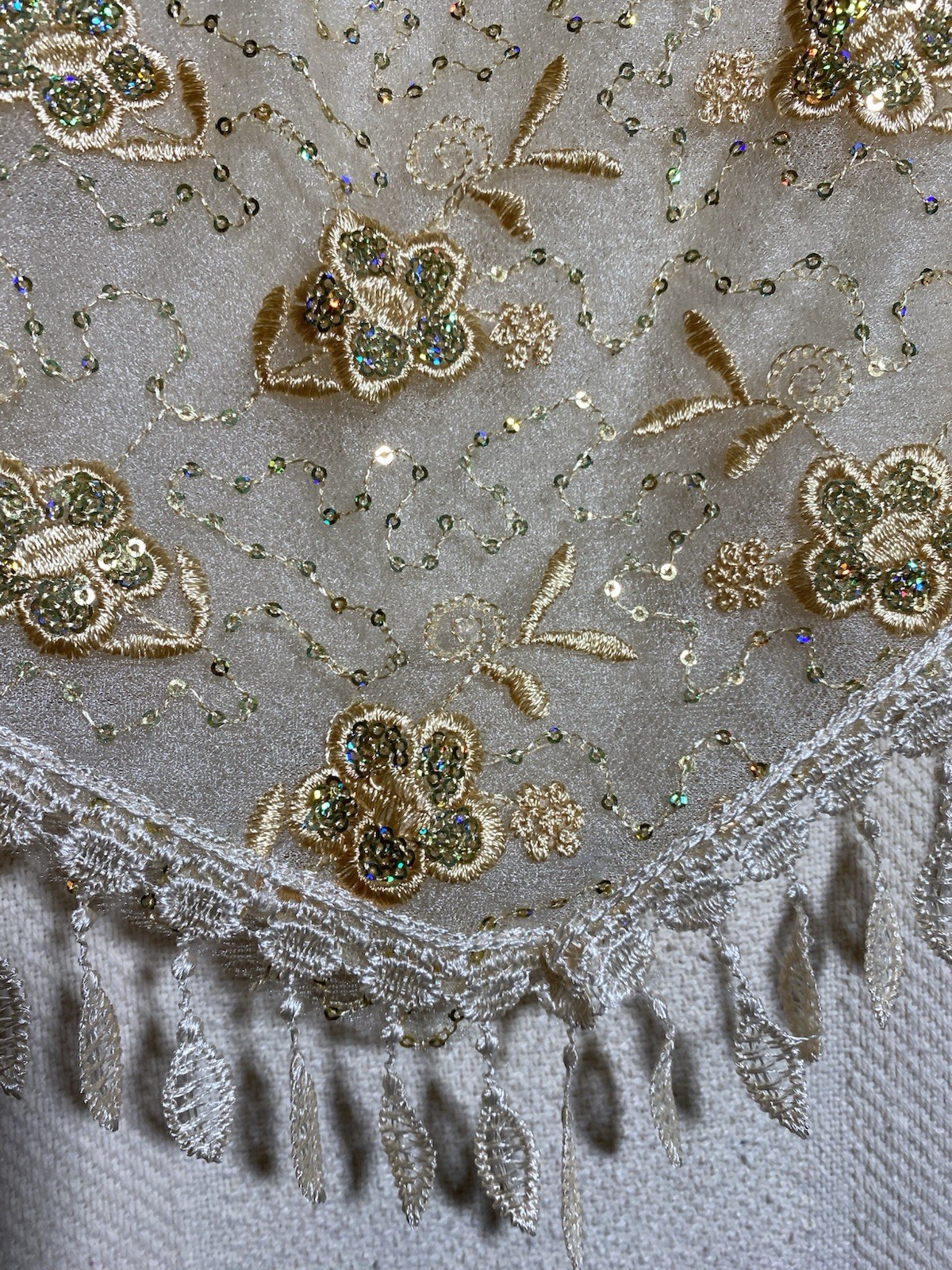 Flamenco Dance Shawl Cream Sheer Gold Embroidery Rainbow Sequined Floral Scarf