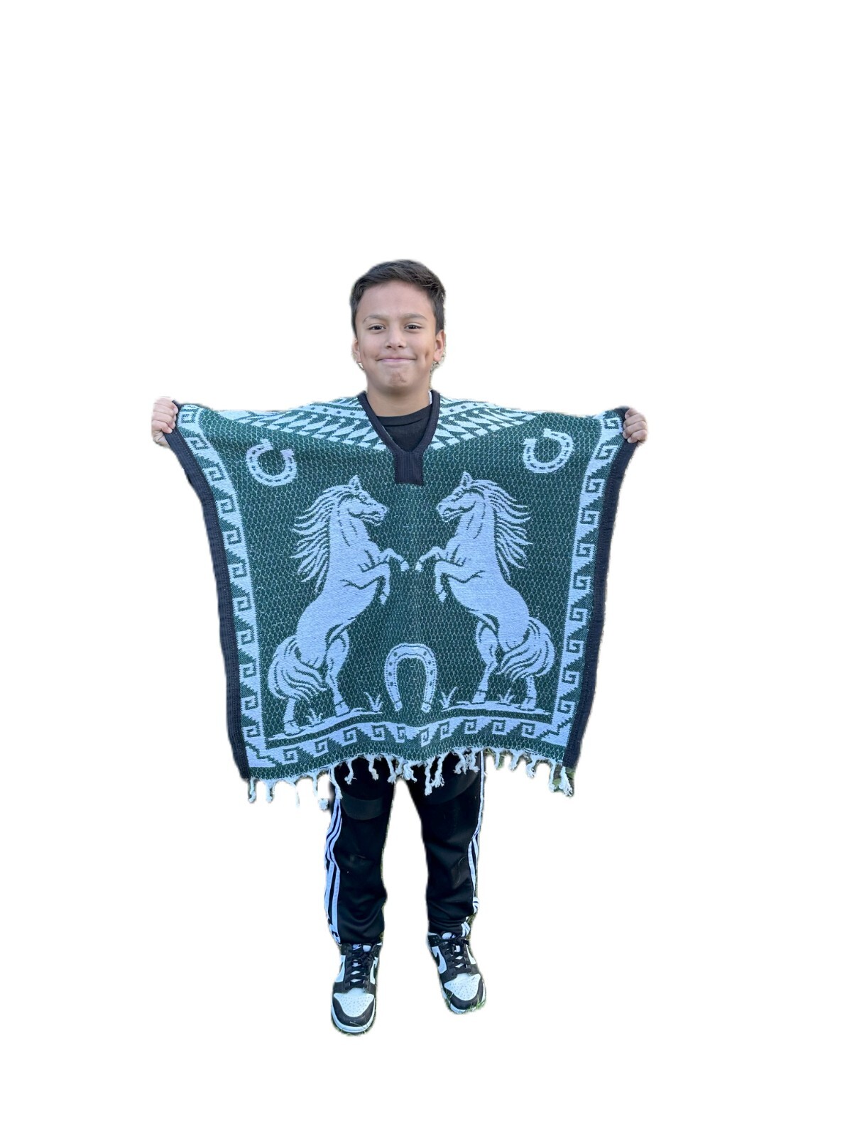 KIDS PONCHO ,COSTUME , BLANKET GABAN ,6-12 YEARS , HORSES , GREEN