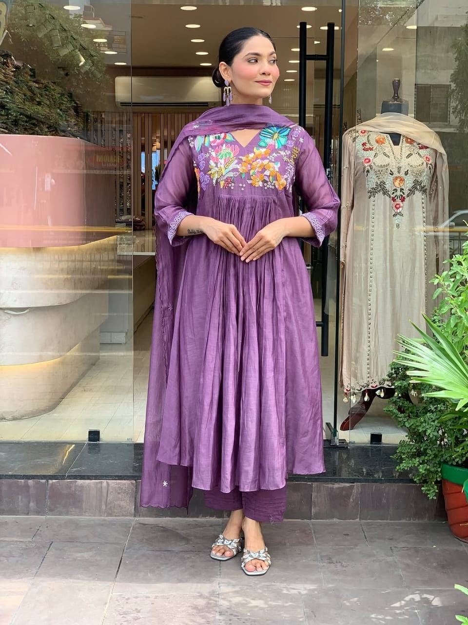 Fully Stitched Purple Kurta Palazzo With Dupatta Set, Readymade Salwar Kameez