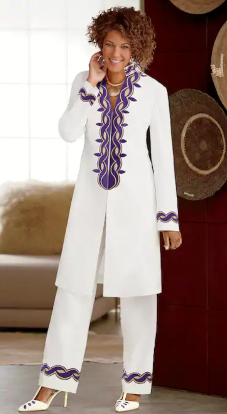Size 16 Ashro White Purple African American Pride Asina Embroidered Pant Suit