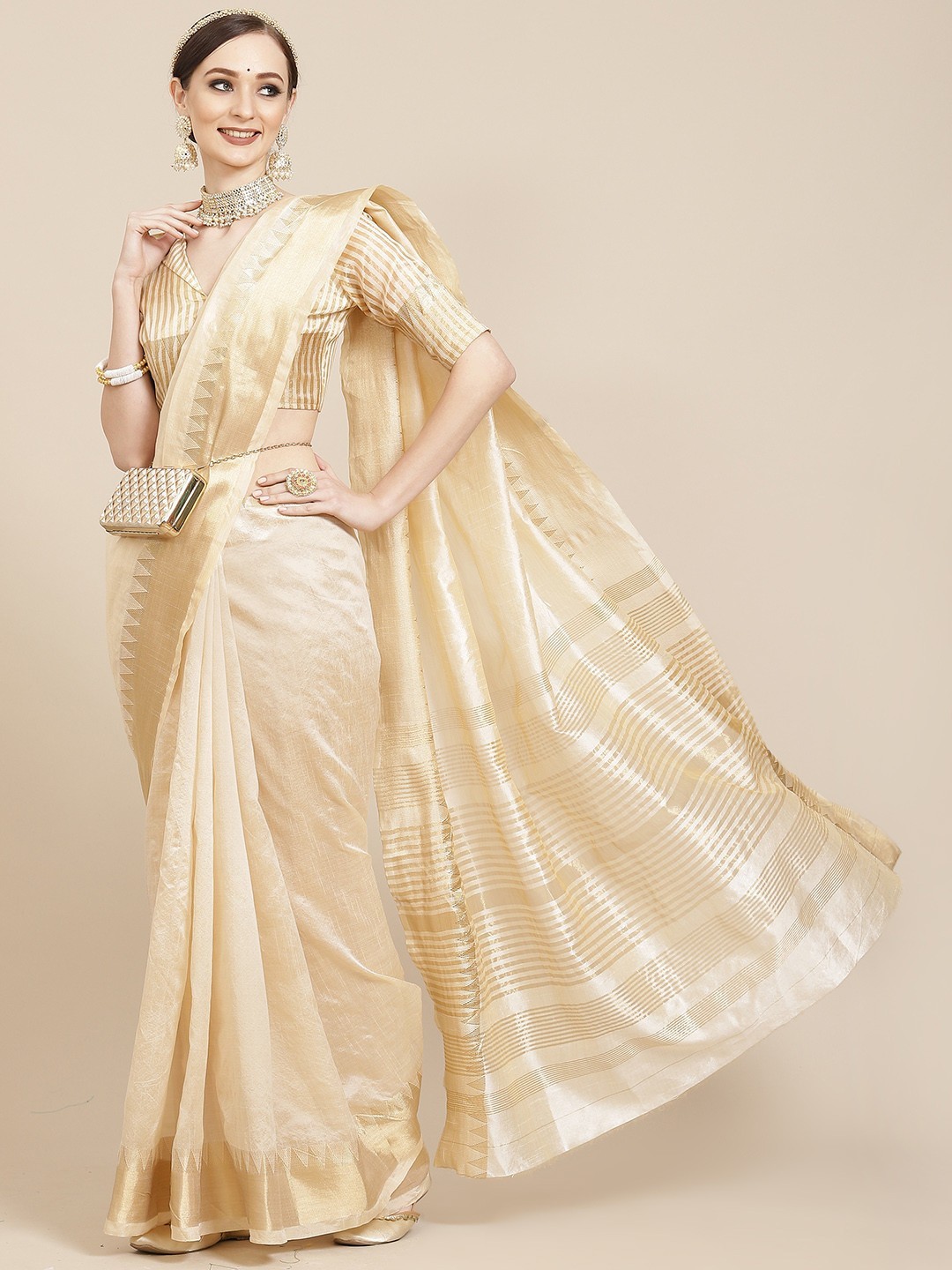 Women’s Off White & Golden Woven Design Saree Free Size