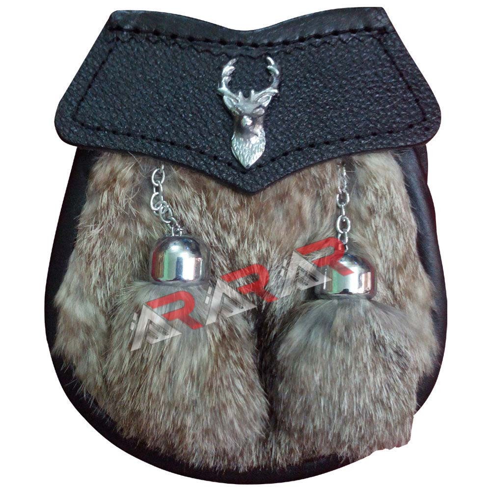 Boys Sporran Stage Head Badge Brown Fur Free Leather Belt & Chain 28″ 2 Tassels