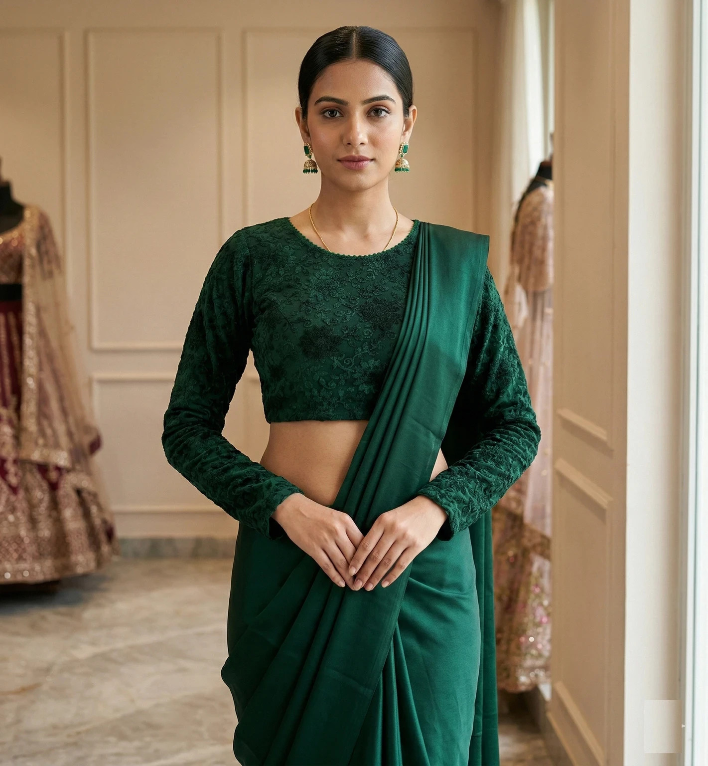 Dark Green Beautiful Embroidery Blouse Indian Bollywood Round Neck Ethnic Choli
