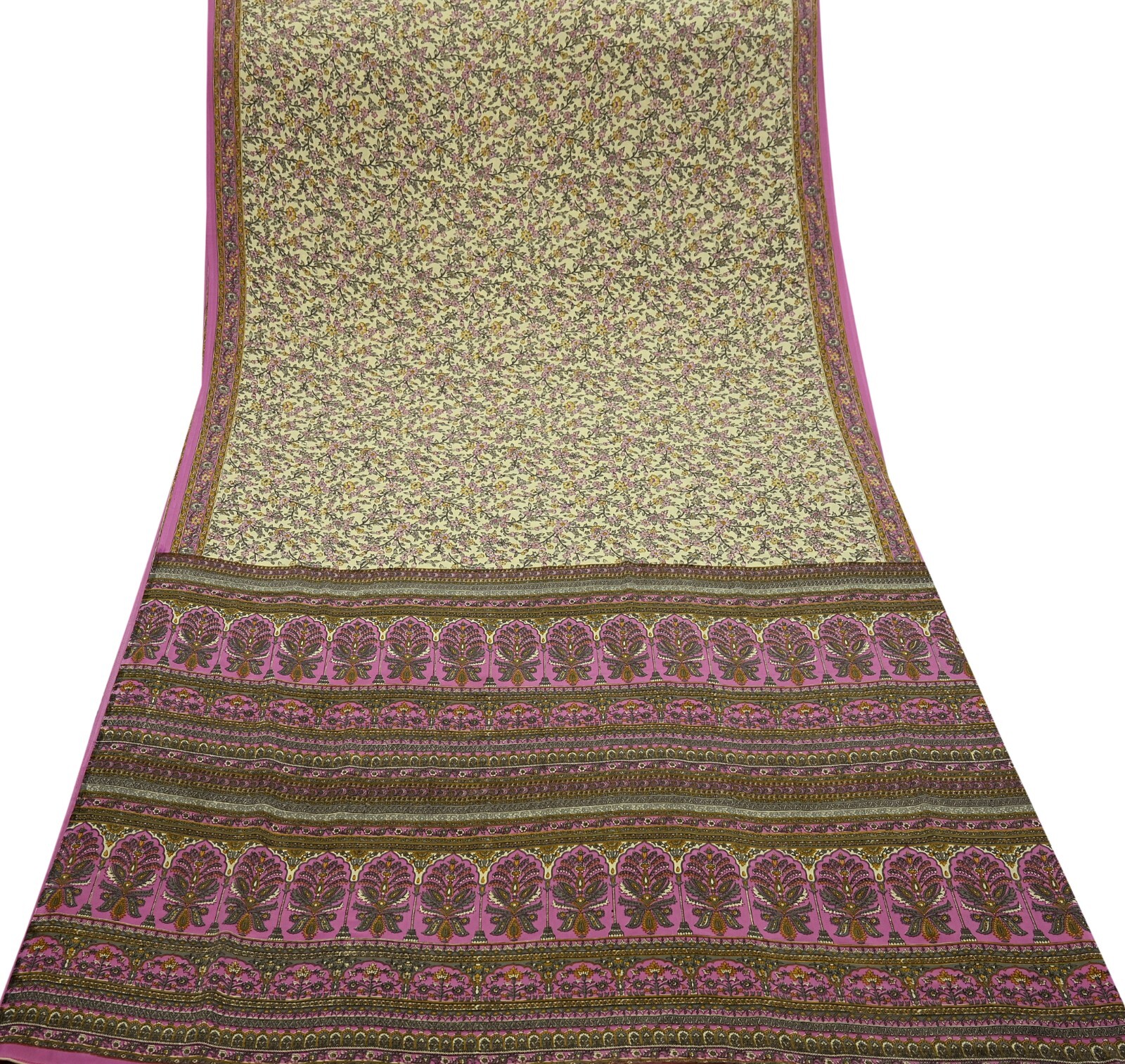 Vintage Sari Ivory & Pink Moss Crepe Printed Sarees 5yd Craft Fabric Sewing Soft