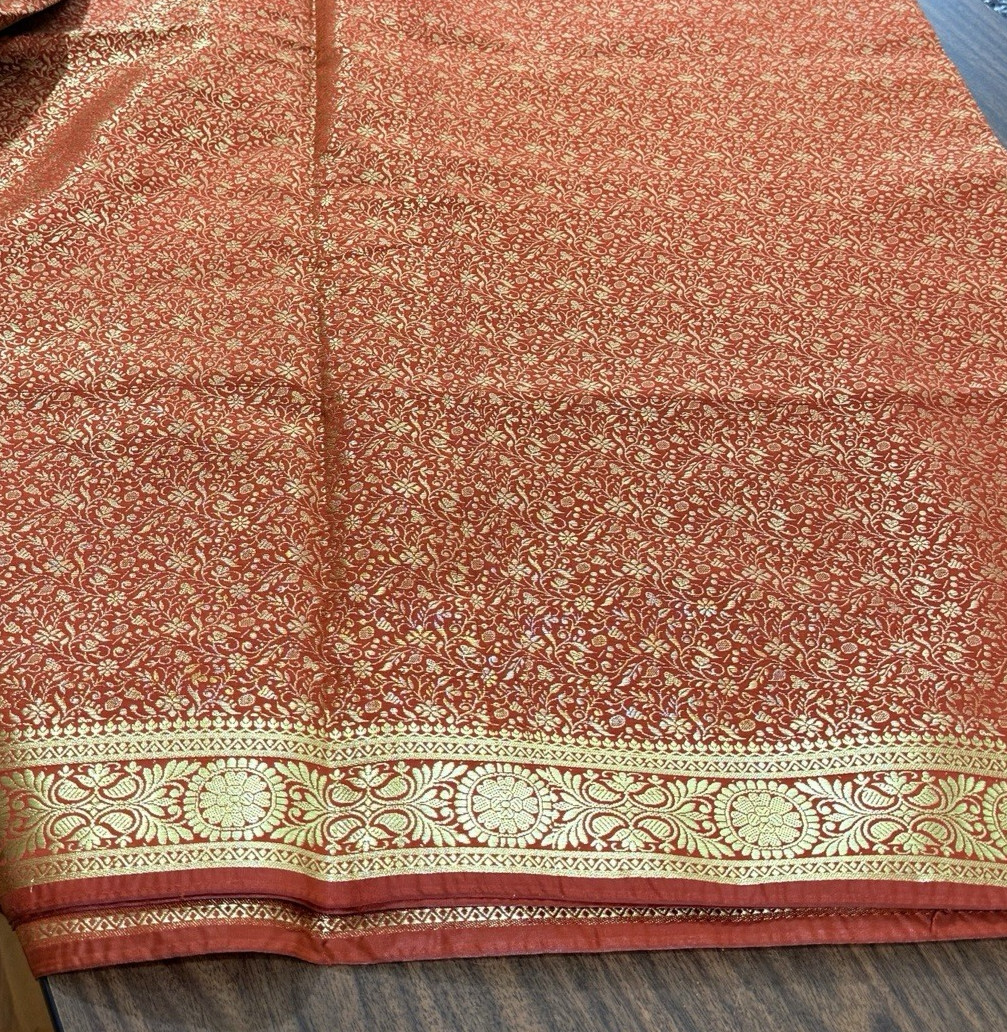 Indian Women’s NEW Brocade Artificial Silk Sari SAREE RUST w/Golden Border