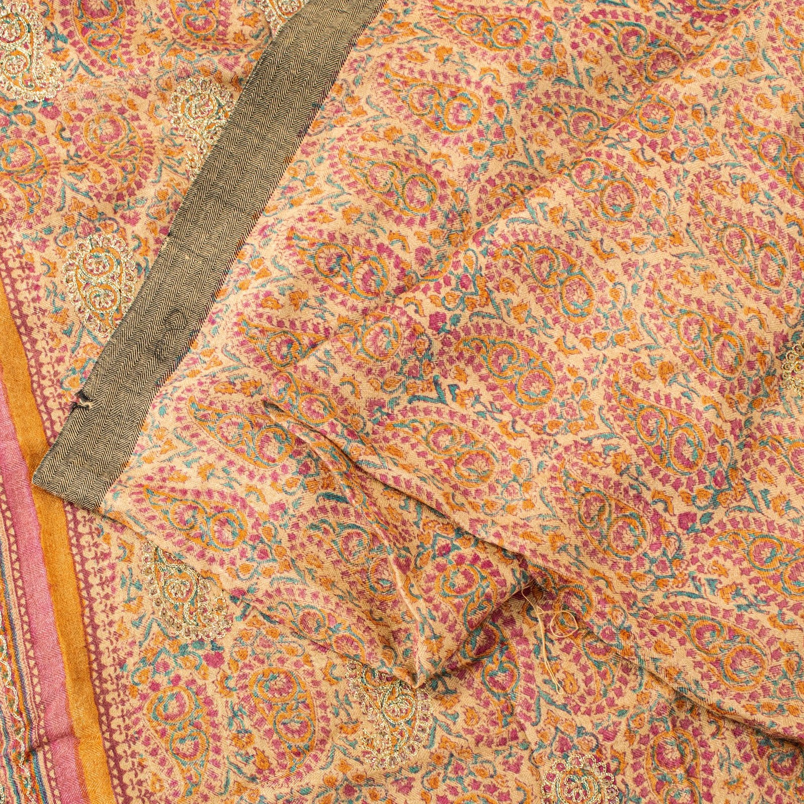 Sanskriti Vintage Soft Cream Pure Woolen Saree Block Print Embroidered Sari 5.5