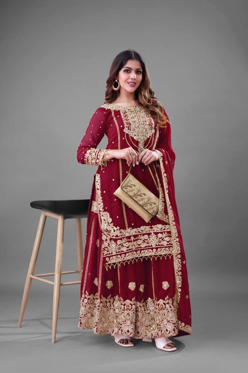 New Launch Designer Faux Georgette Top Palazzo With Dupatta For Wedding