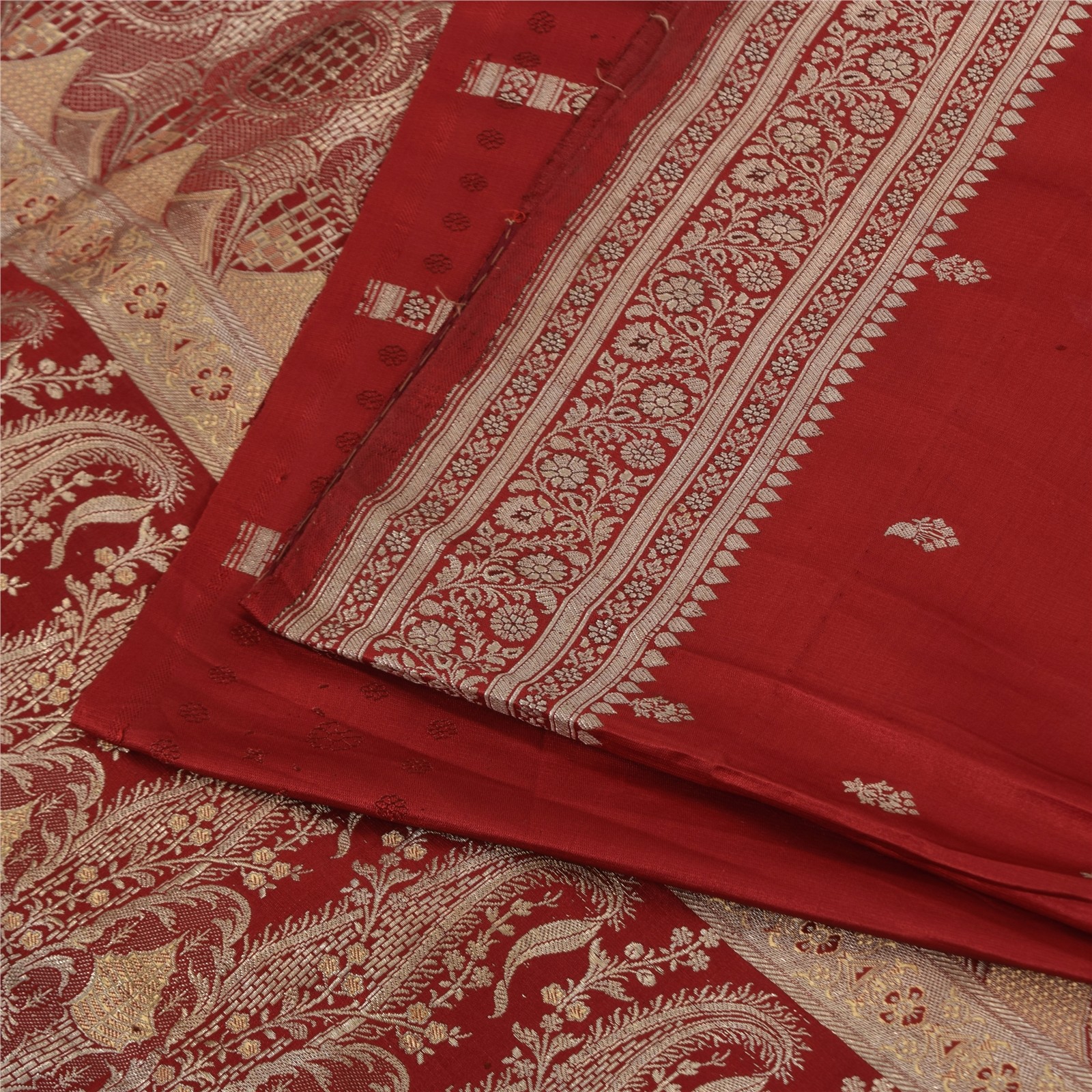 Sanskriti Vintage Red Sarees Pure Satin Silk Brocade/Banarasi Woven Sari Fabric