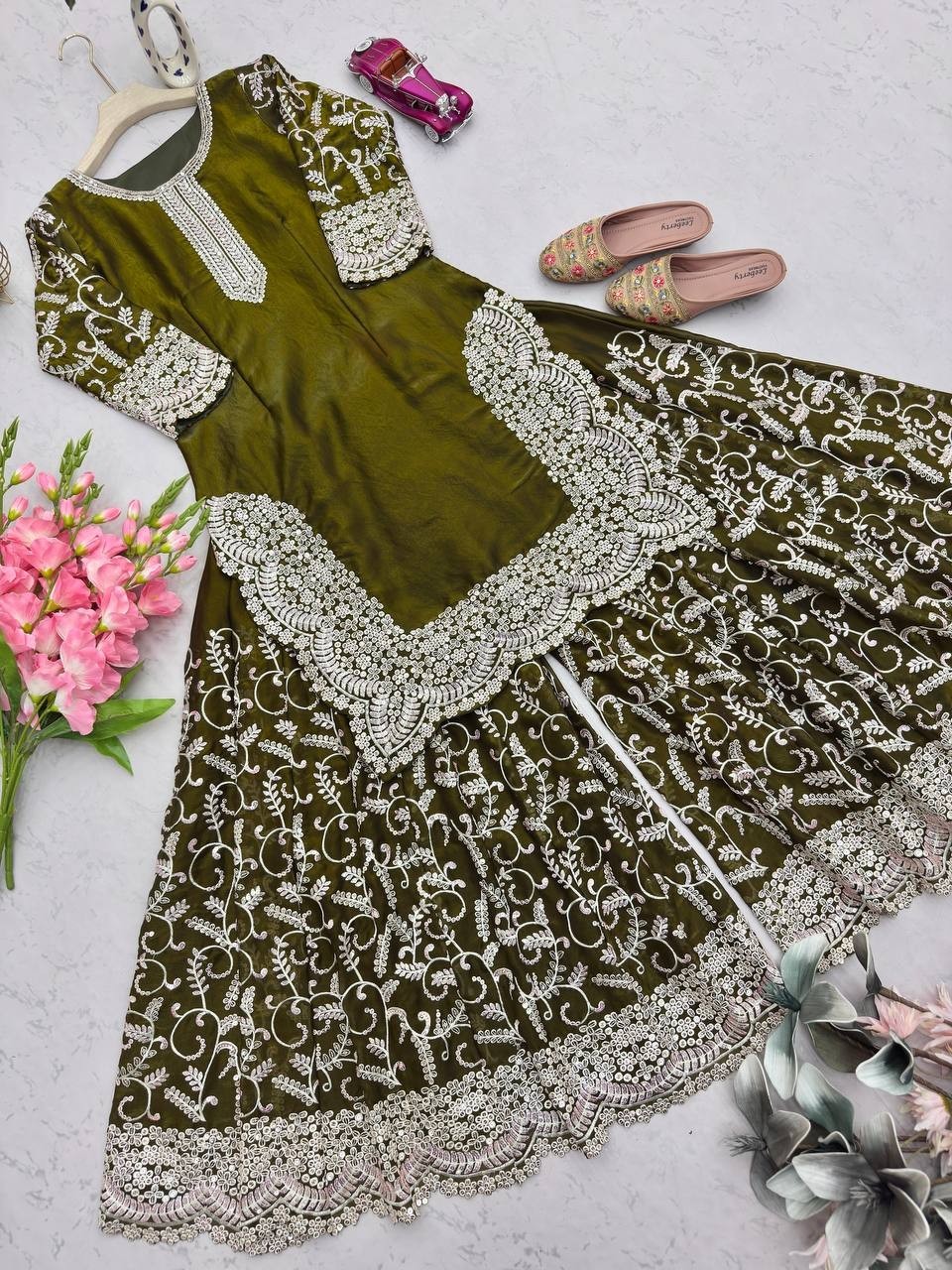 Eid Reception Party Wear Mehendi Green Fandy Silk Sharara Plazzo Suit