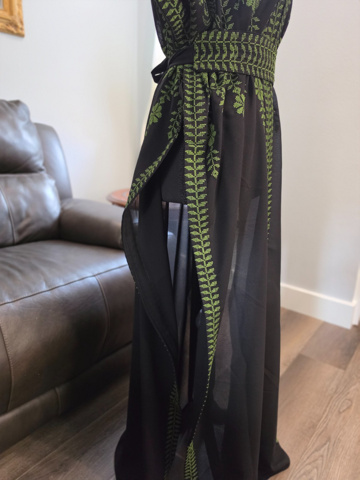Black Palestinian Jordanian Abaya Thobe with Green tatreez Embroidery