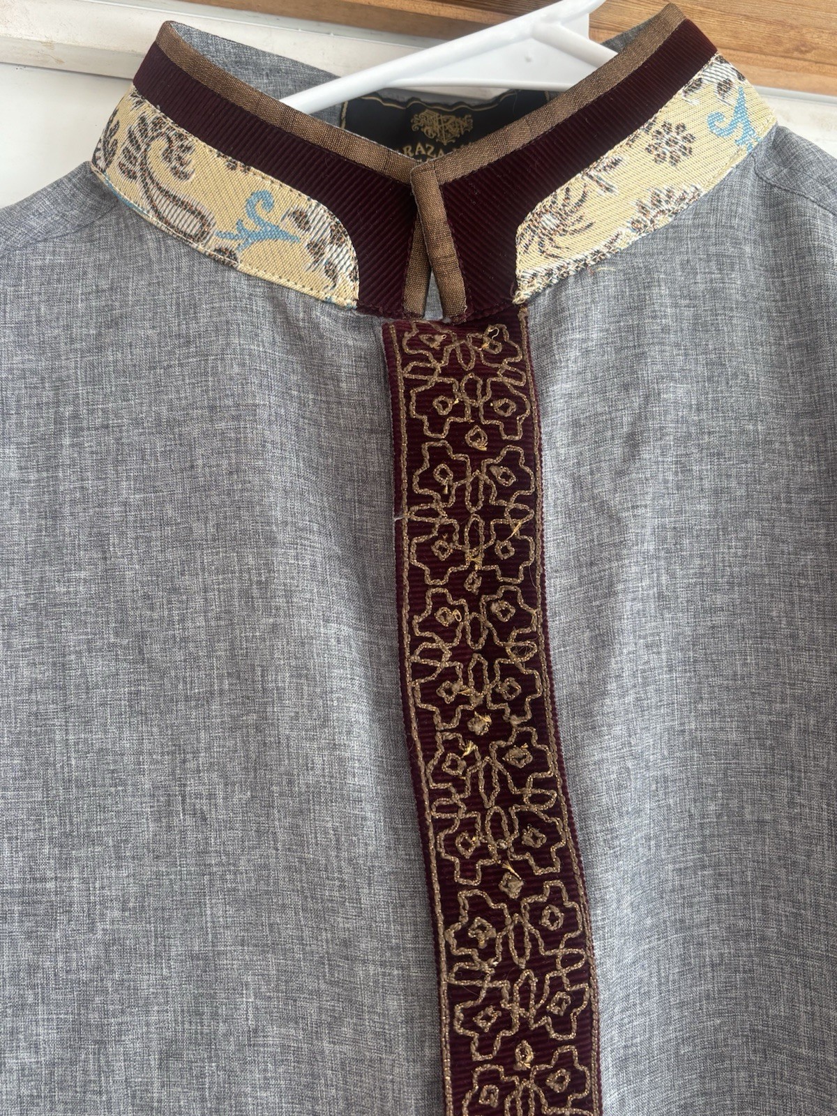 Aliraza Nasser Mens Gray Kurta Thobe Tunic Embroidered Trim Long Sleeve Size M