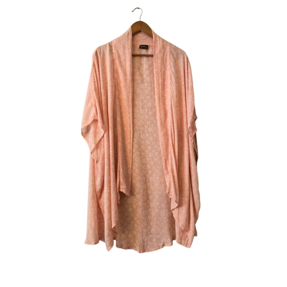 Symbology Kimono One Size Flowy Open Front Peach Ginko Leaf Floral Print Rayon