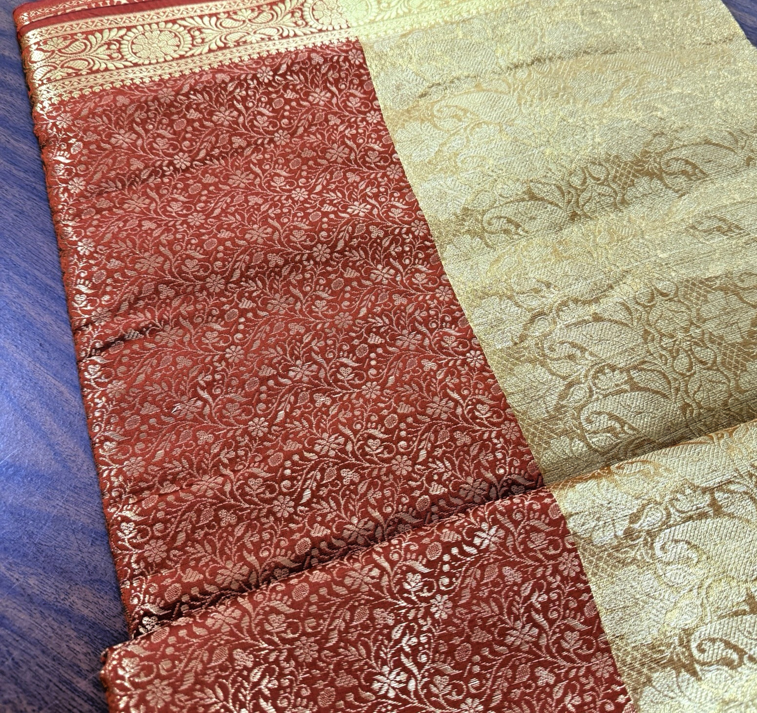 Indian Women’s NEW Brocade Artificial Silk Sari SAREE RUST w/Golden Border