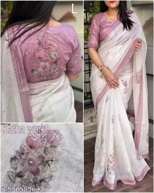 Traditional Cotton Linen Handmade Saree With Unstitched Bloused Wedding Wear Gif