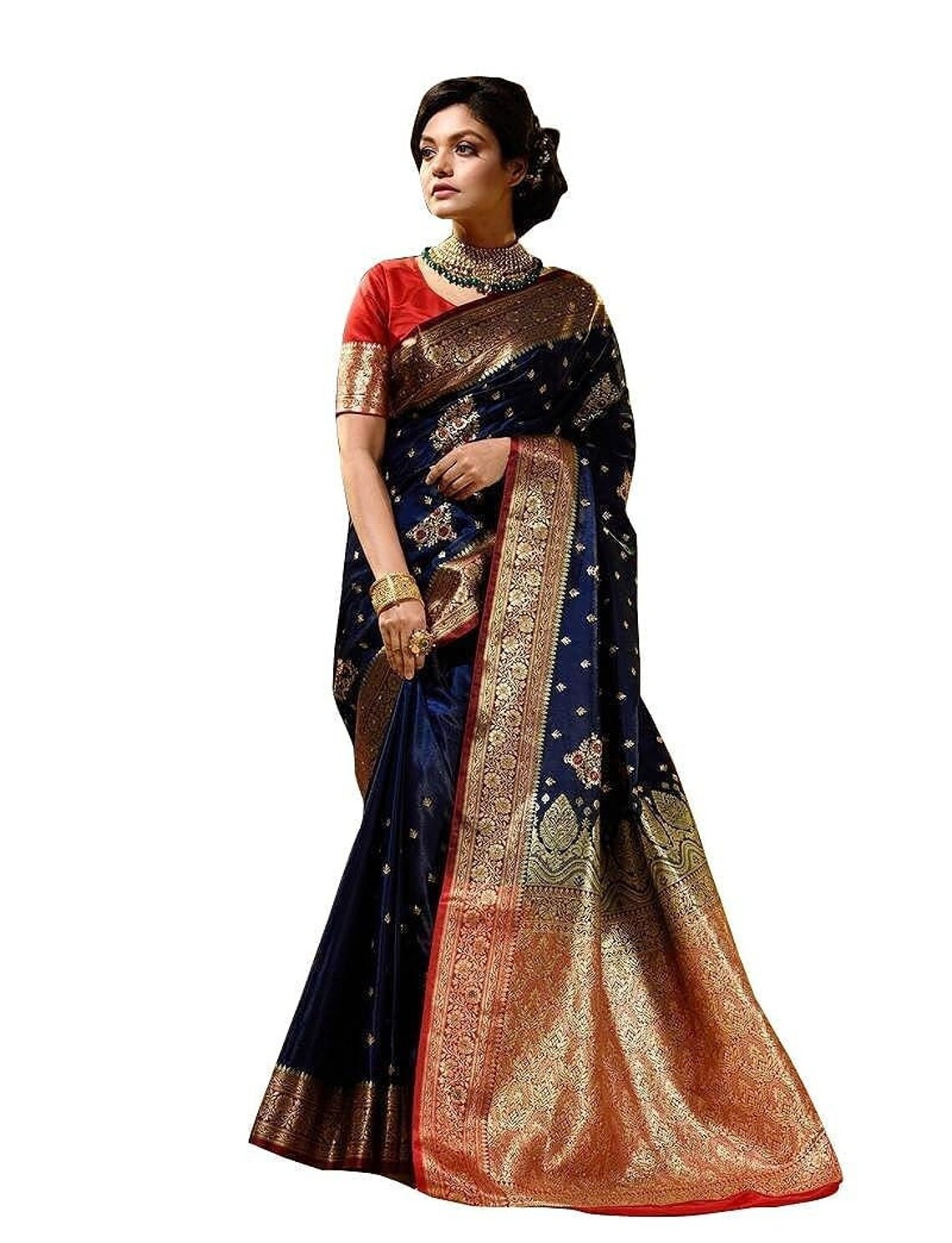 Women’s Soft Lichi Silk Banarasi Kanjivaram Saree With Blouse Piece, Blue Color