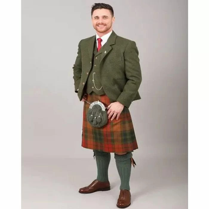 Men Tweed Crail Jacket Waistcoat Kilt Outfit Set Scottish Wedding Highland Wear