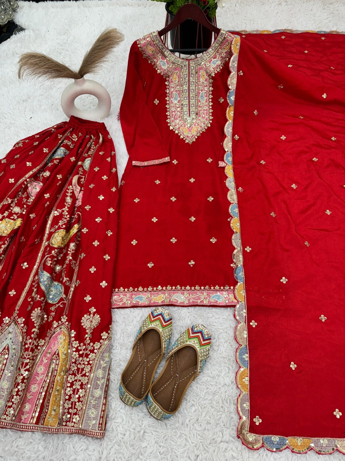 Women Red Bollywood Wear Salwar Kameez Embroidery Work Kurta Sharara Set Diwali