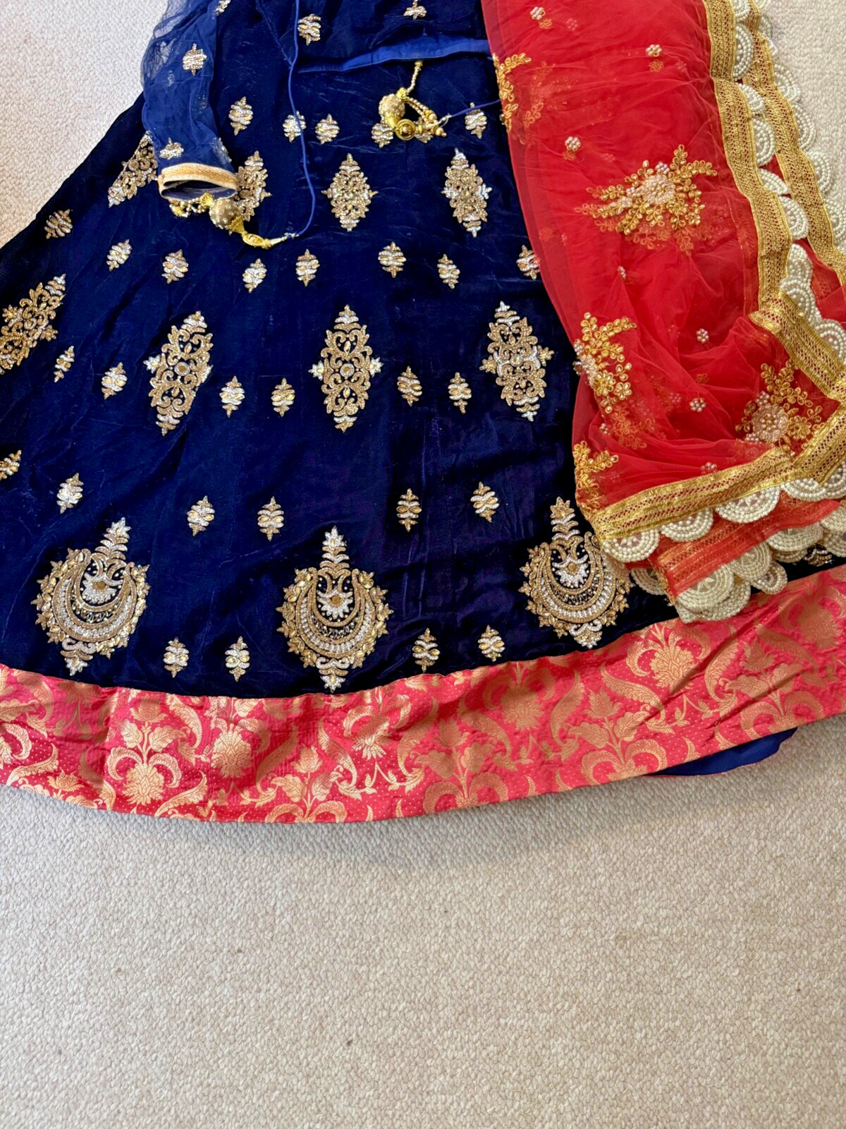 Navy Blue Velvet Indian Lengha with Coral Dupatta, 3 Piece Set. Size 38