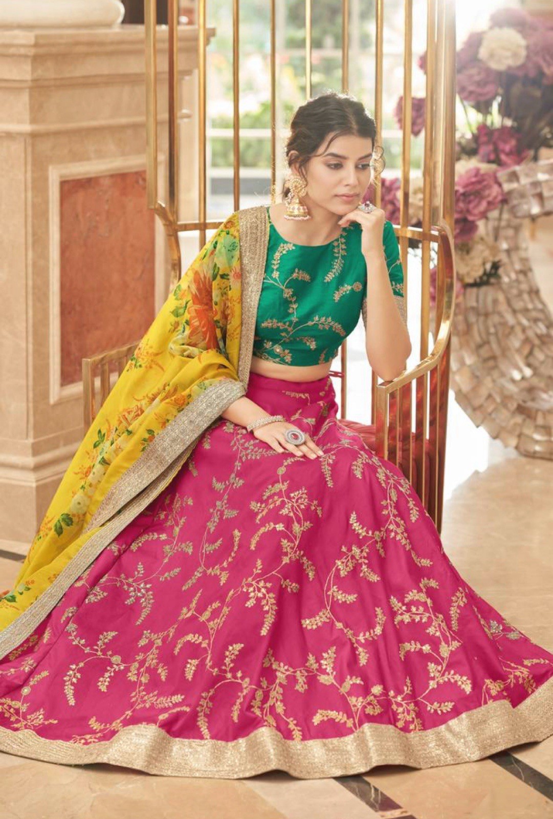 Elegant Pink &Yellow Art Silk Zari & Sequence Embroidery Work Lehenga Choli