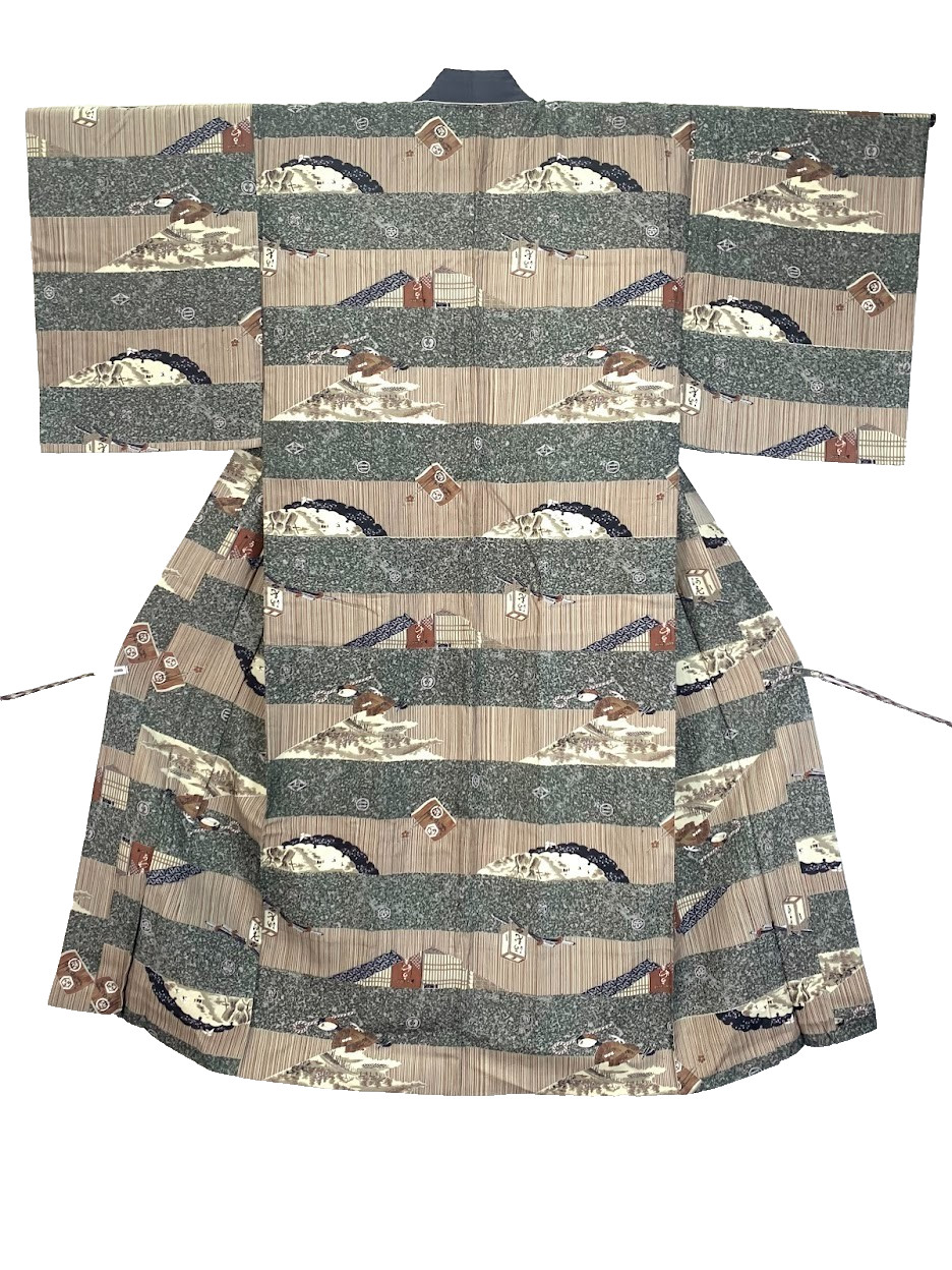Vintage Men’s Nagajuban Kimono Japan Silk Blend Brown Green Scenic Pattern L