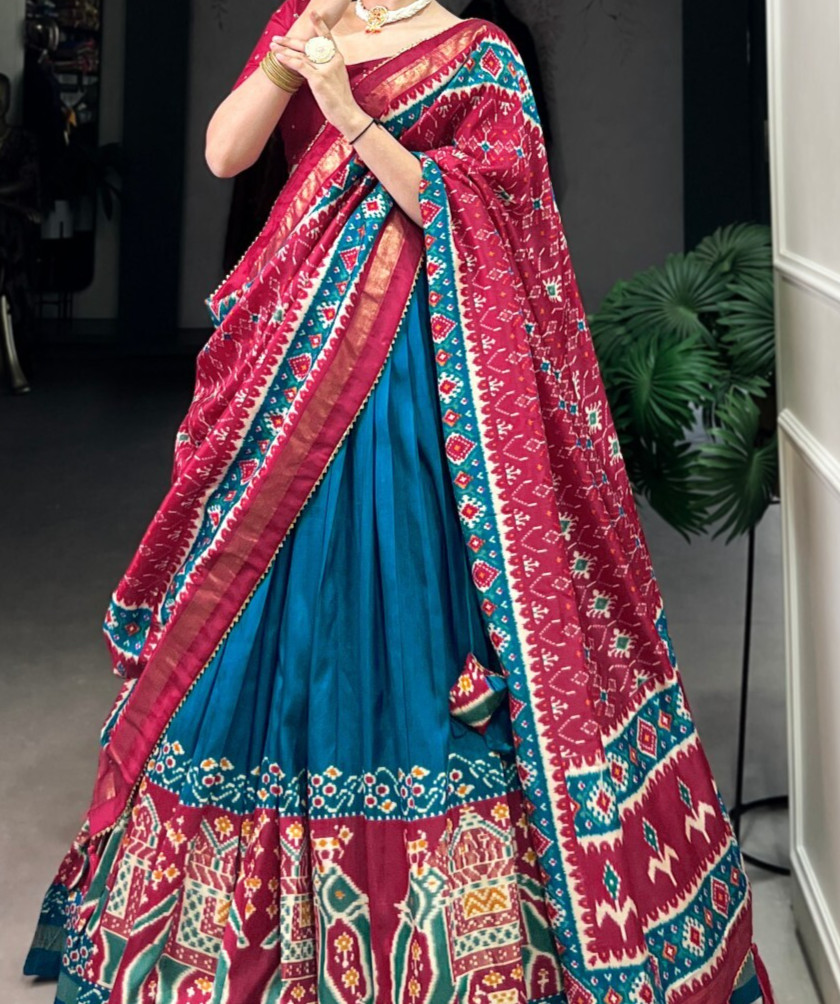 Classic Look Teal Blue Tussar Silk Lehenga Choli With Dupatta For Women & Girls