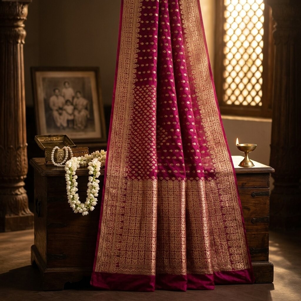 Sanskriti Vintage Pink Blend Silk Saree Banarasi Brocade Zari Hand-Woven Sari
