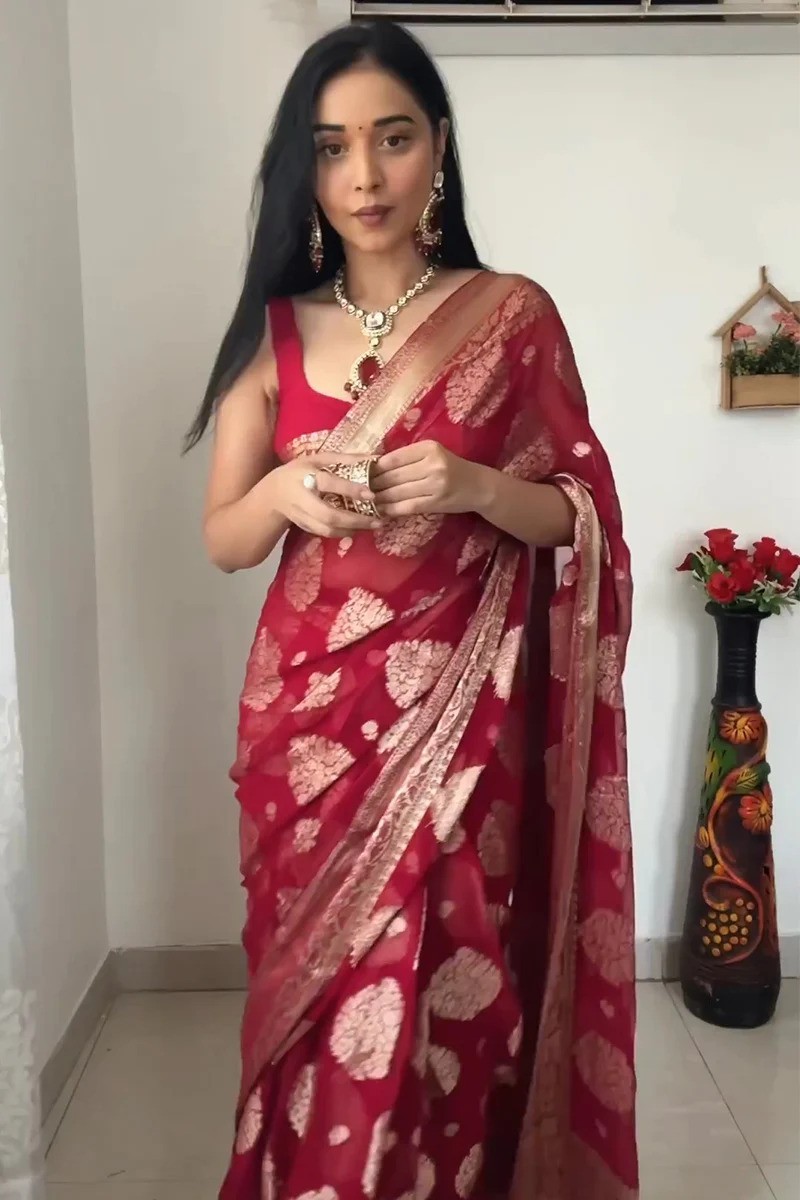 Women’s Dark Red Ready to Wear Cotton Silk Saree With Unstitched Blouse Piece