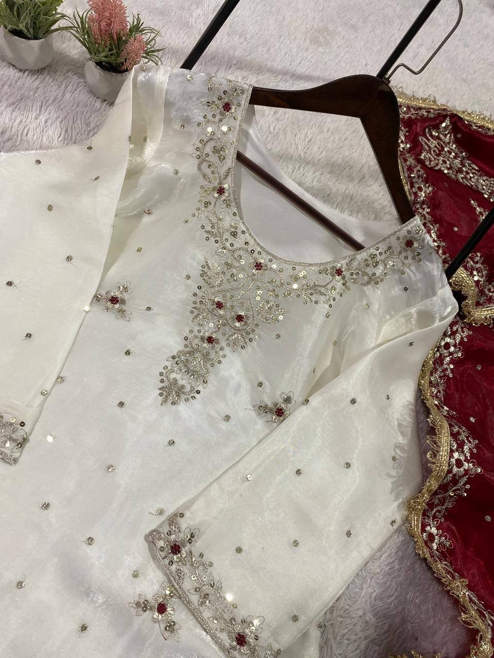 New Launch Silk White Top Palazzo With Maroon Dupatta For Reception Wear