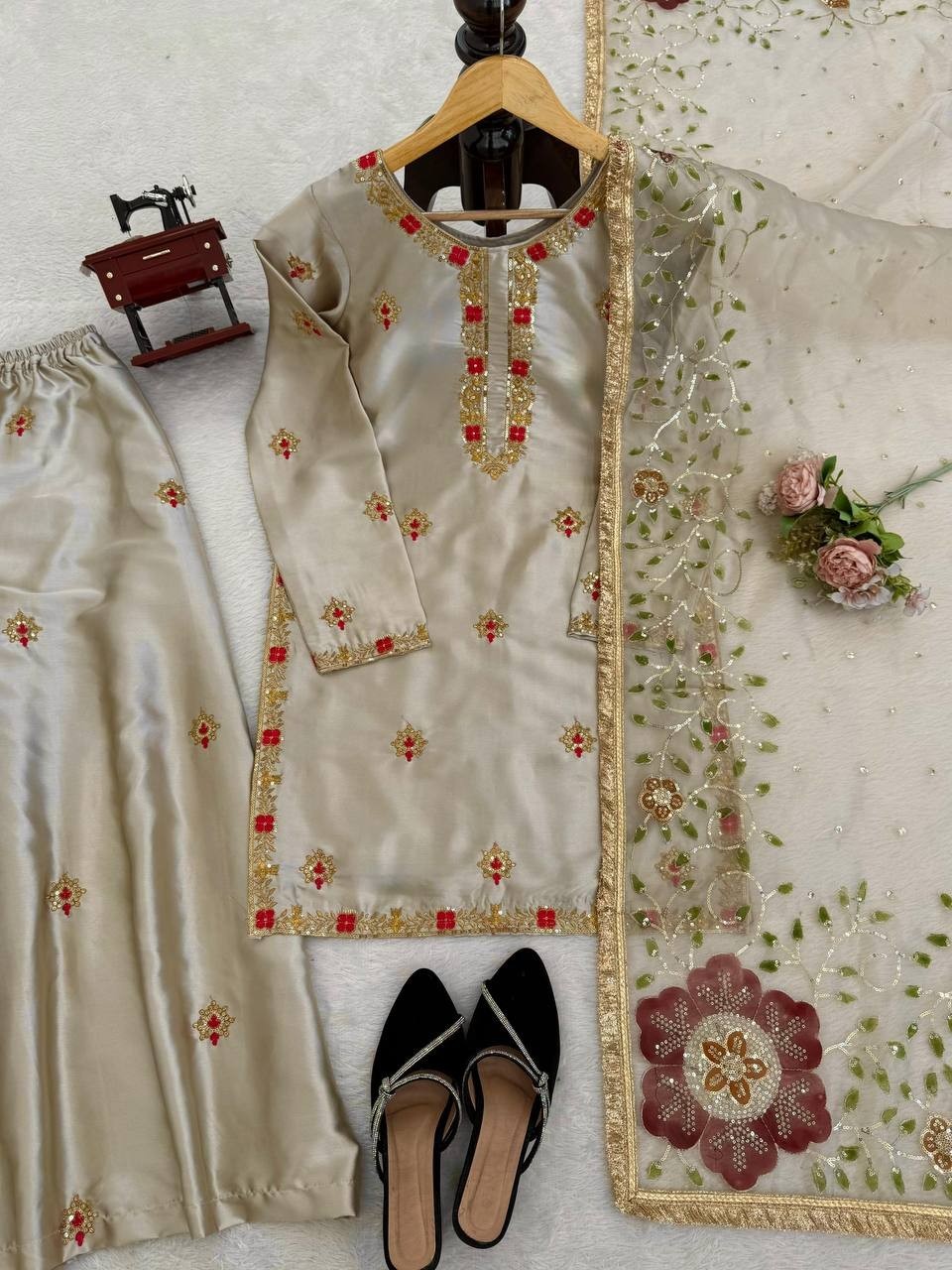 Latest Zapan Satin Silk Cream Palazzo Suit With Dupatta For Indian Function Wear