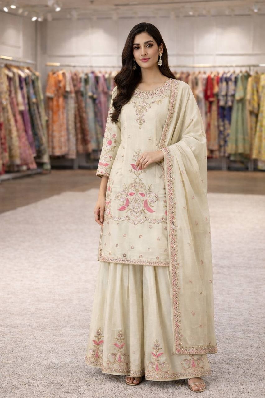 Eid Reception Party Wear Chinon Silk Sharara Plazzo Suit