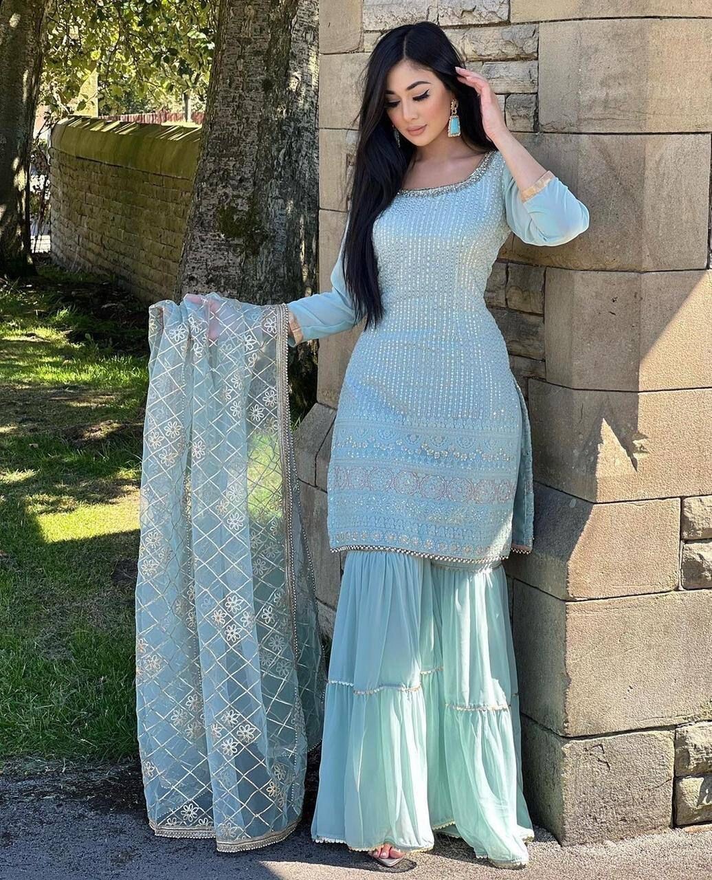 Latest Stunning Sky Blue Faux Georgette Palazzo Suit And Dupatta For Engagement