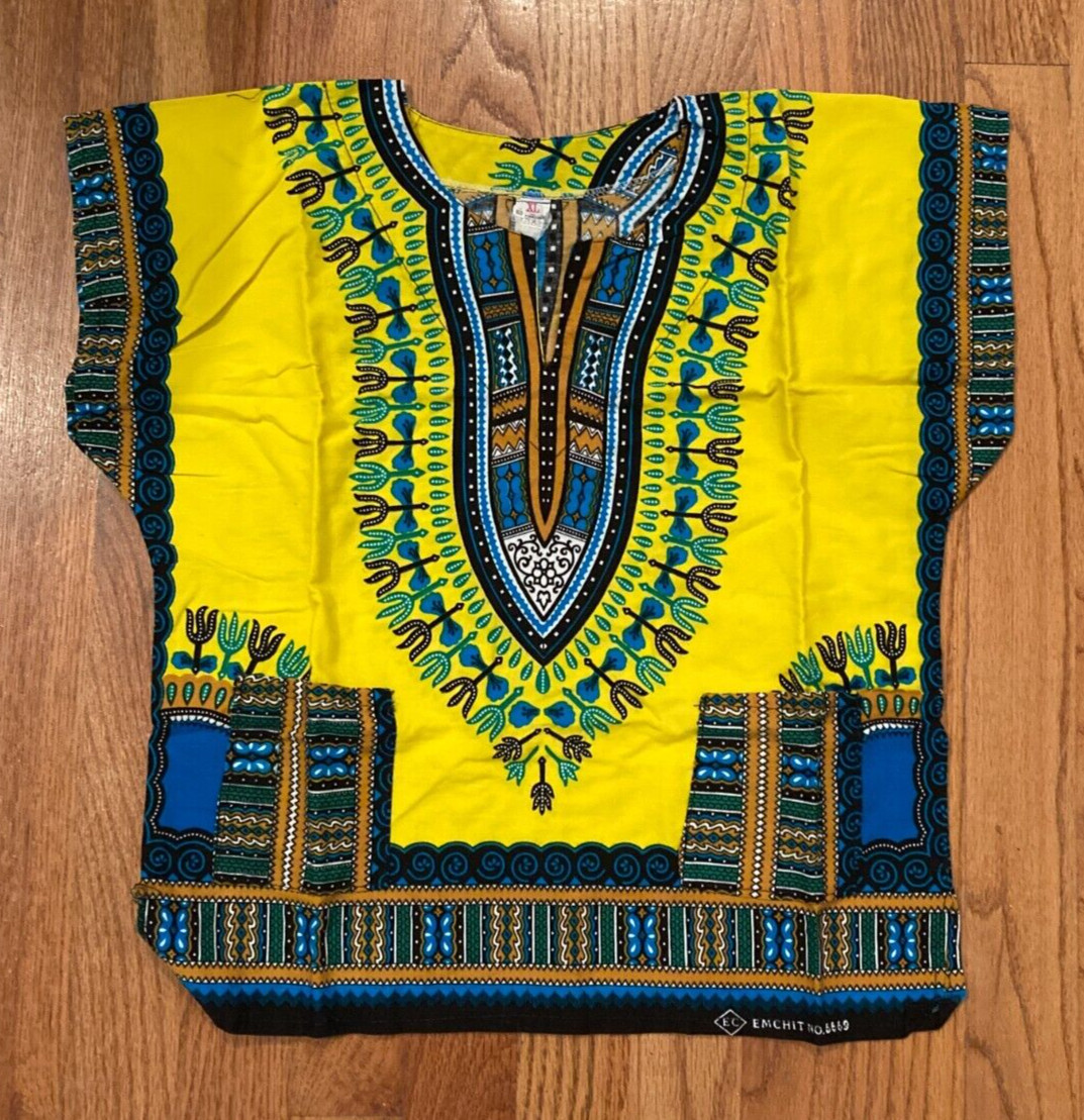 African Dishaki UNISEX KIDS Yellow, Blue & Black Size XL EMCHIT #6669