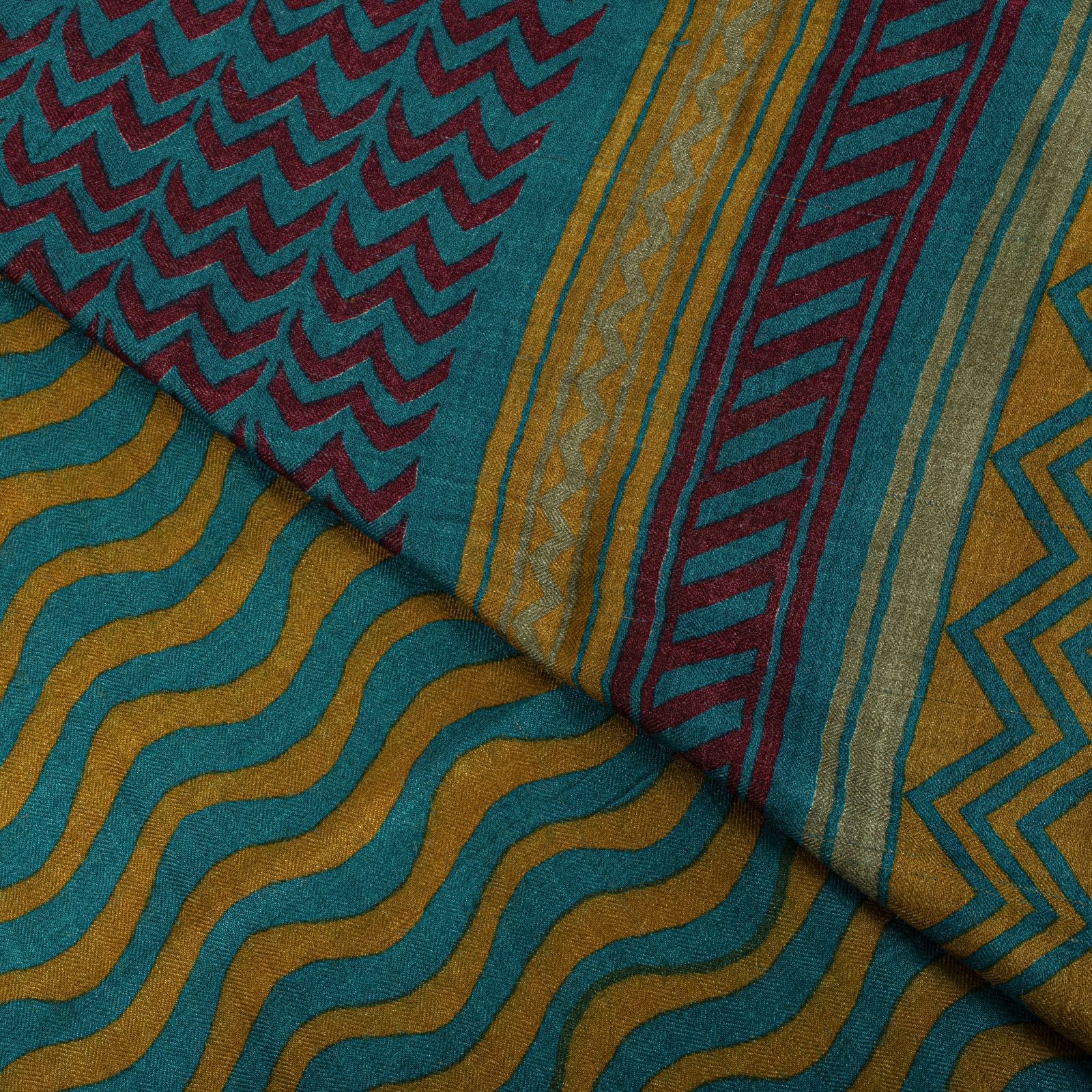 Sanskriti Vintage Blue Pure Woolen Saree Wave Print Sari 5+Yd Soft Craft Fabric