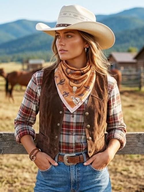 Satin Silk Scarves Western for Men Women 27″X27″ Cowgirl One Size Brown