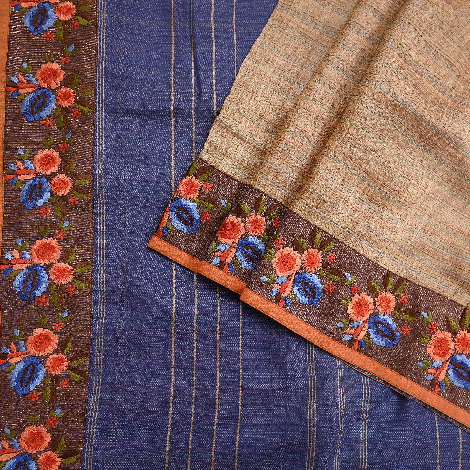 Vintage Blue beige Green Wool Saree Indian Pure Wool Floral Woven Fabric 5 Yard