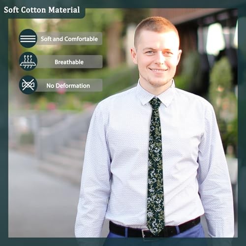 Floral Ties for Men, Cotton 2.75 Inches Mens Floral Tie Neckties Dark Green