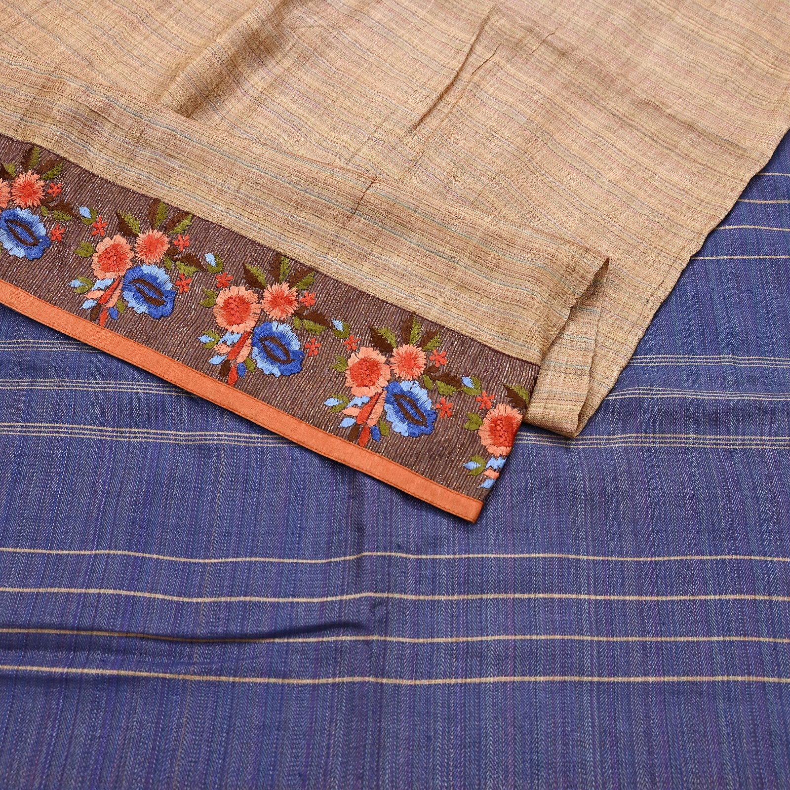 Vintage Blue beige Green Wool Saree Indian Pure Wool Floral Woven Fabric 5 Yard