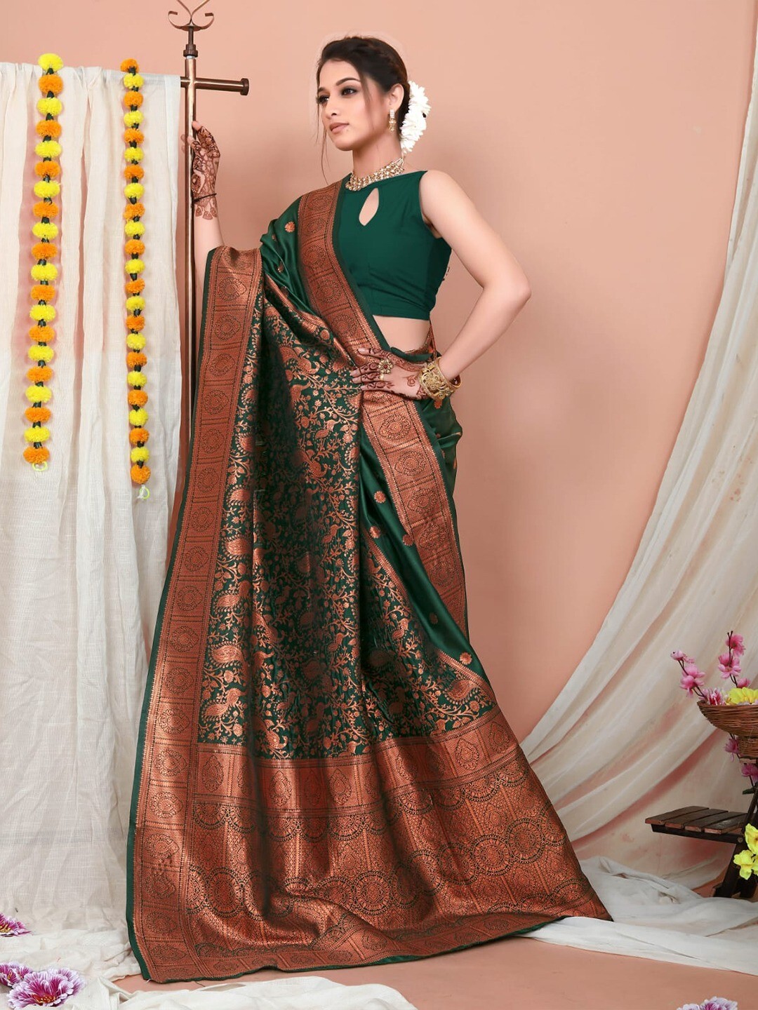 Areca designer Copper Mor Zari Work Silk saree blouses women Saree Cut 5.5 Meter