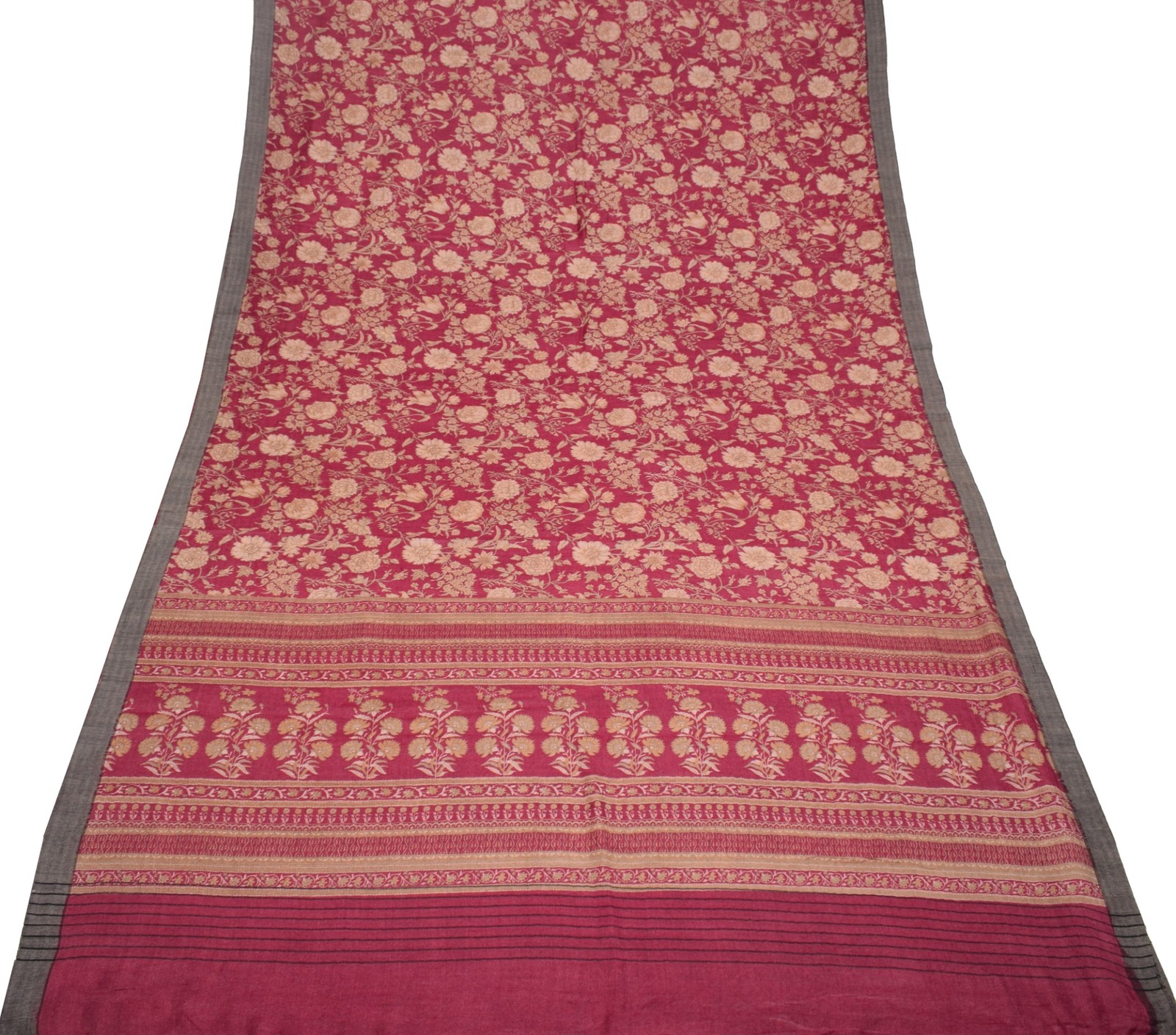 Sushila Vintage Pure Woolen Saree Floral Printed Woven Dark Magenta Sari Fabric