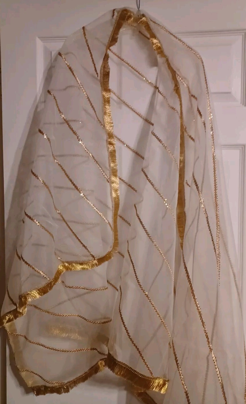 Organza White Dupata With Golden Kiran Sequins Work In Gold Color Brand New
