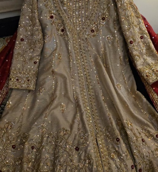 Elegant Handworked Kameez Set with Lace Border Dupatta in Deep Maroon & Beige