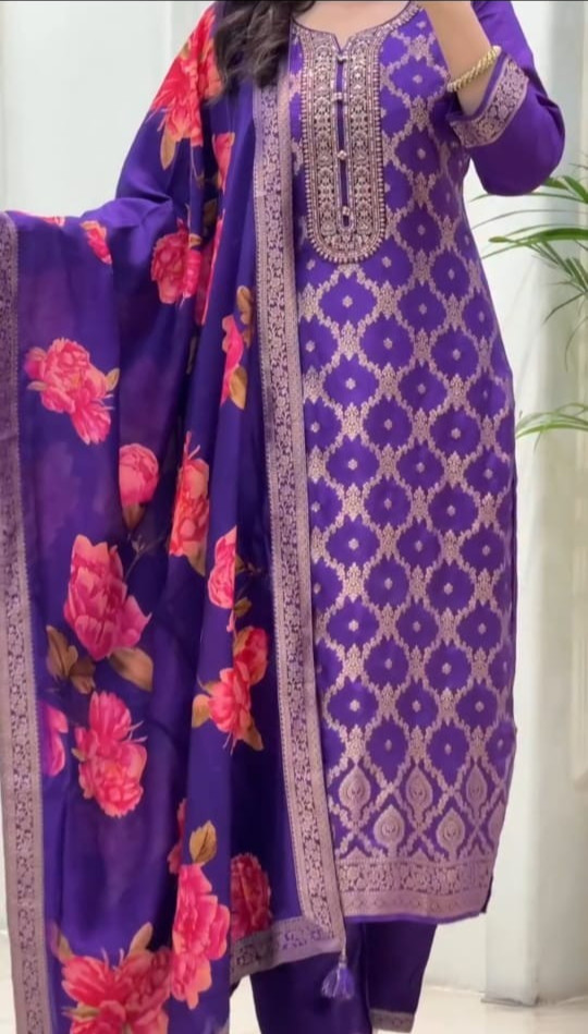 Purple Salwar Kameez Readymade Indian Designer Kurta Palazzo Designer Dupatta