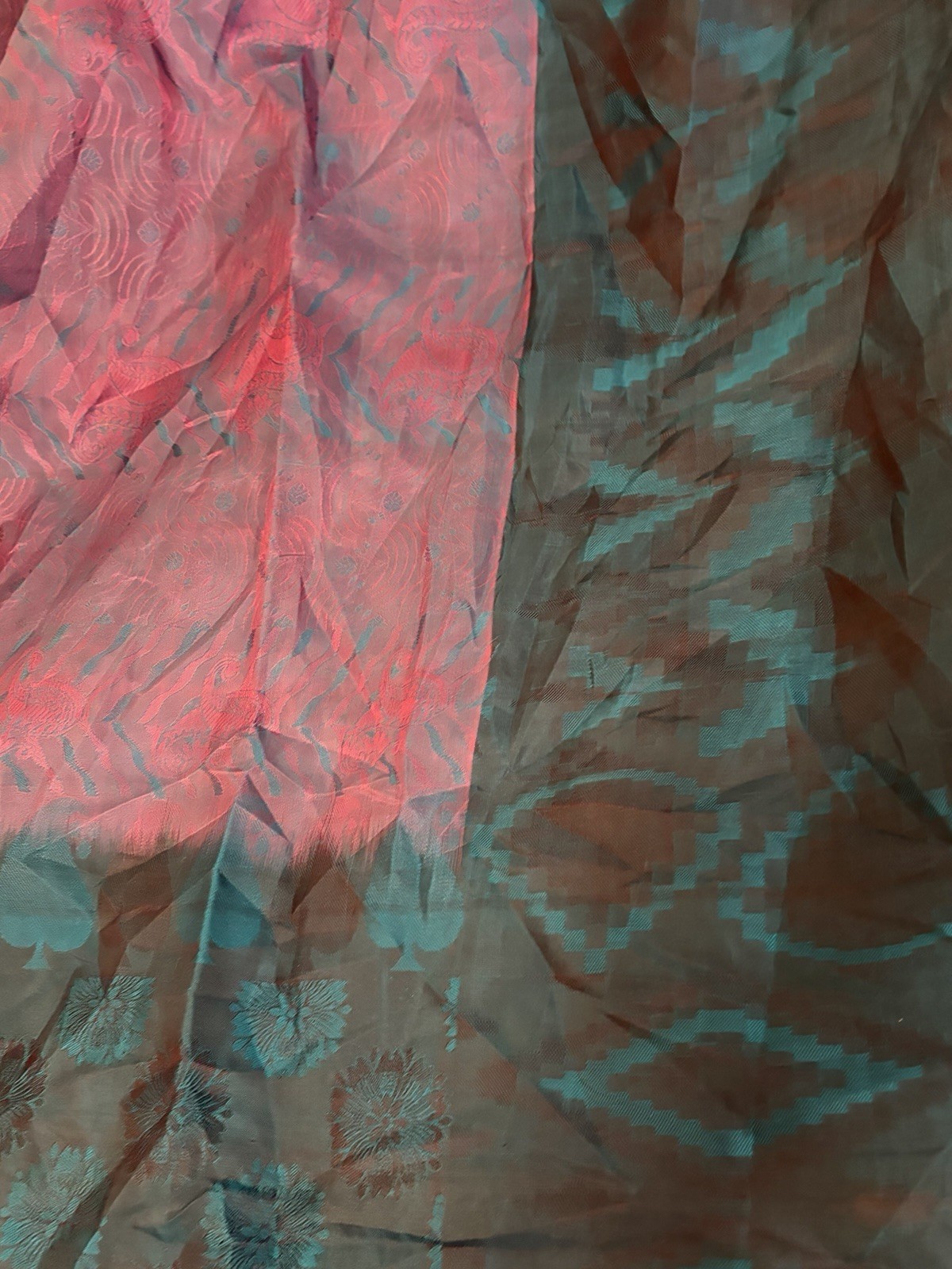 Iridescent Bollywood 100% Silk Sari ~Magenta-Deep Teal-18 Ft x46″~EXC
