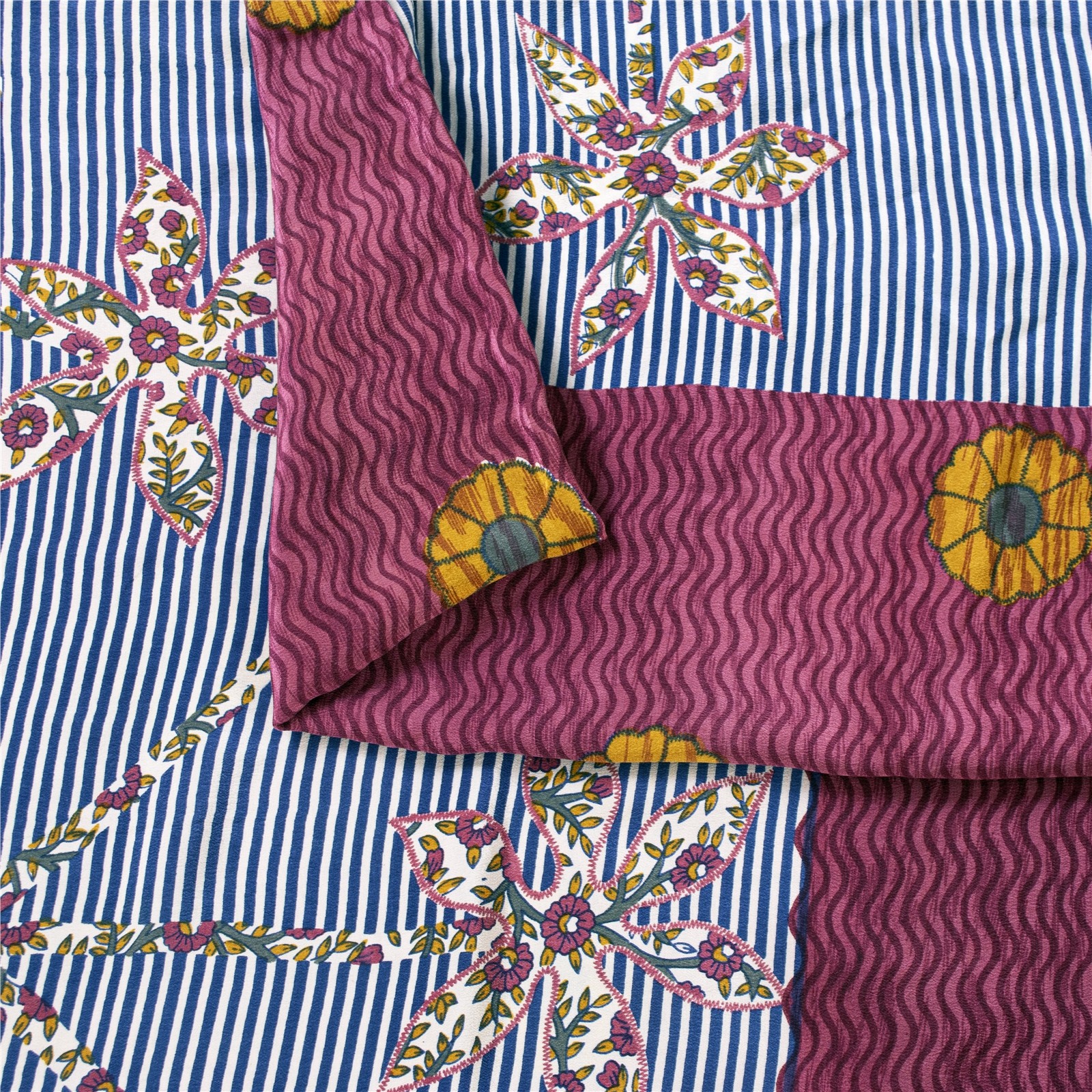 Sanskriti Vintage Sarees Blue & Purple Pure Crepe Printed Sari 5+Yd Craft Fabric