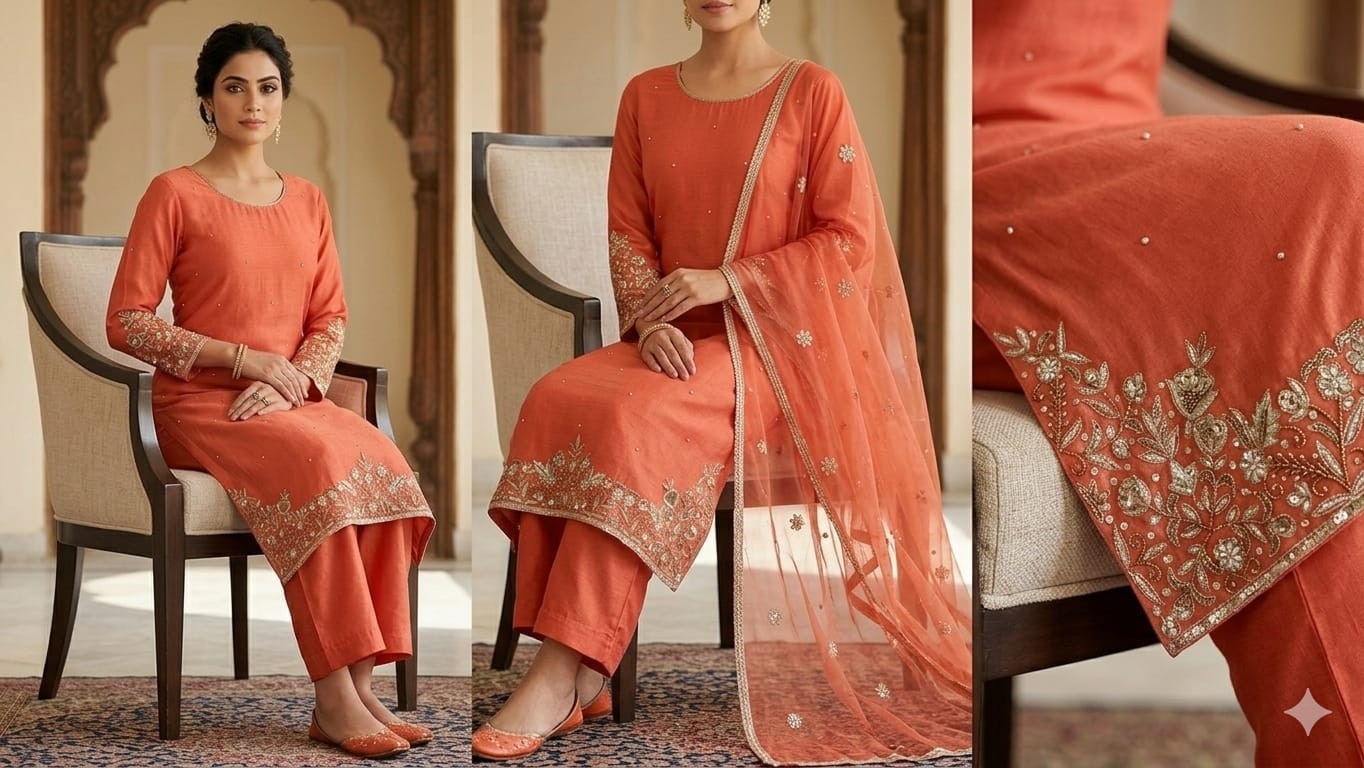 Orange Silk Salwar Kameez Suit with Hand Embroidered Organza Dupatta | Designer