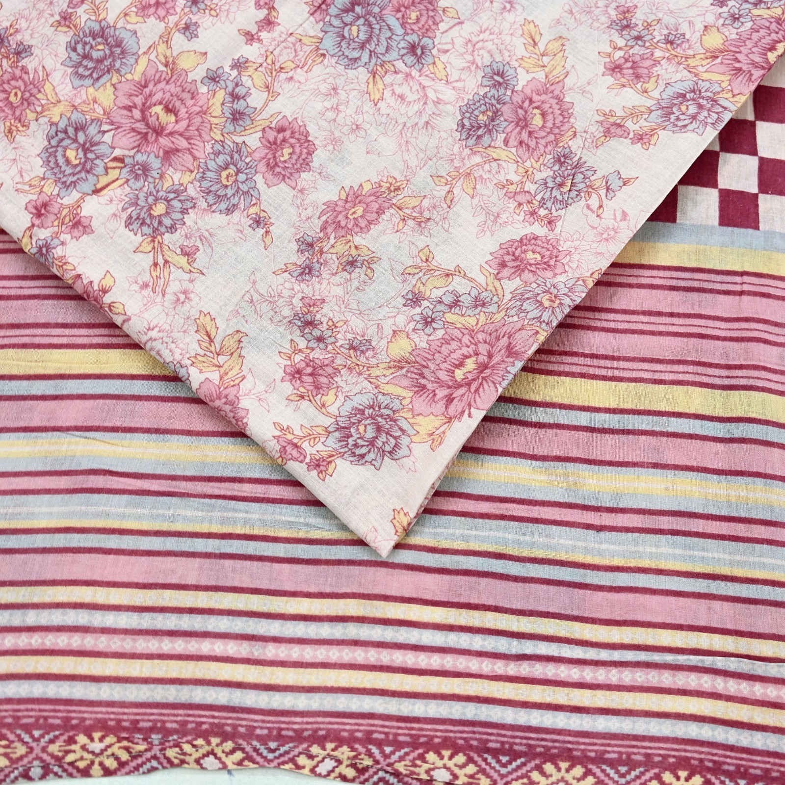 Vintage Sari Ivory & Pink Printed Blend Cotton Saree Craft Fabric 5Yd Soft Sewi