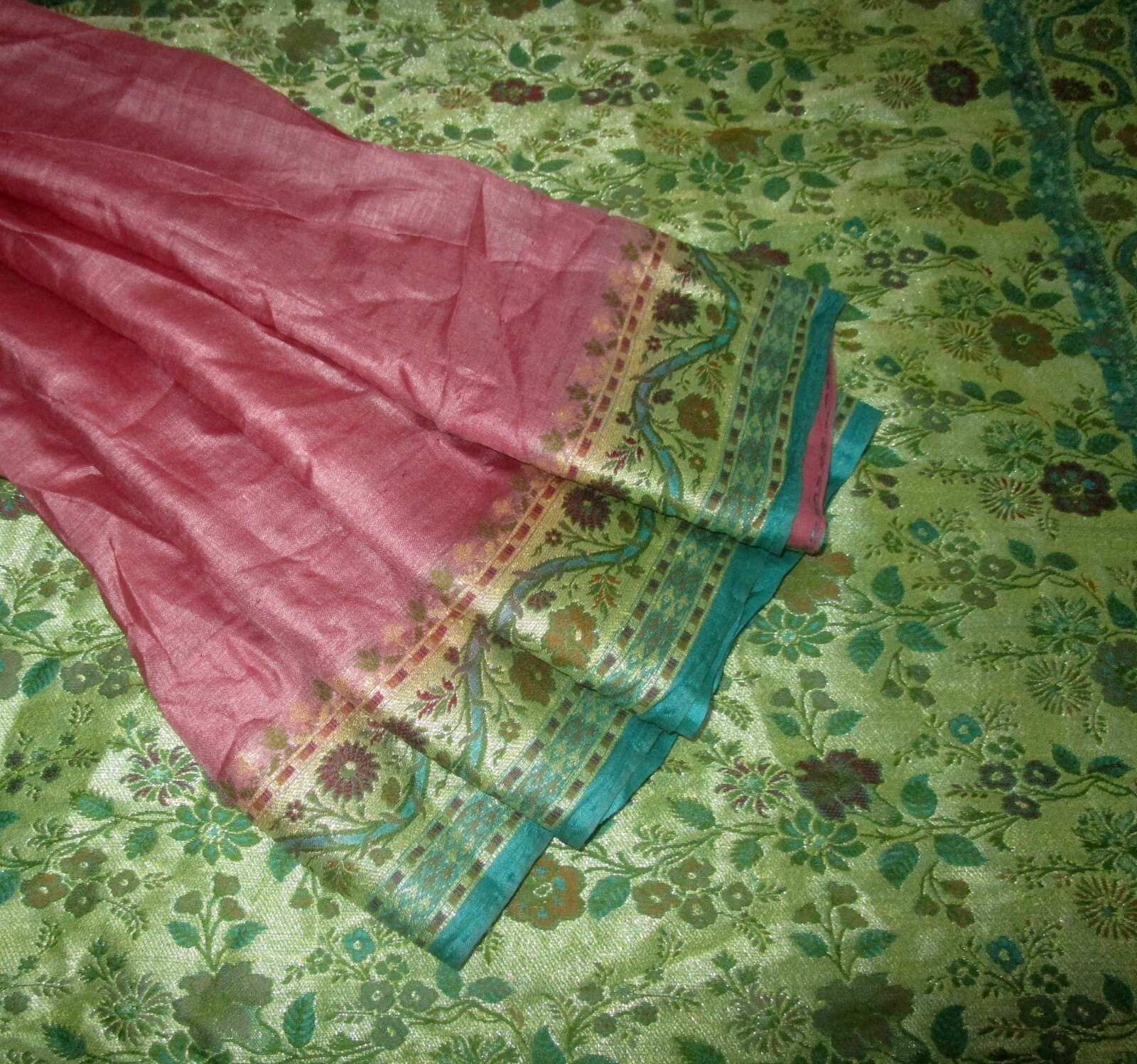 BVH WEARABLE PURE SILK Vintage Sari 5yds 21SEP3104 X10 E740 Wine Pista #ABCKB