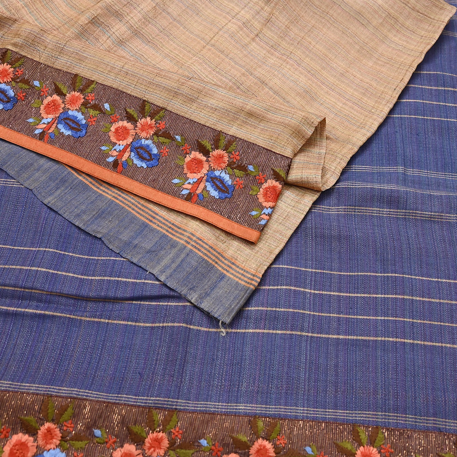 Vintage Blue beige Green Wool Saree Indian Pure Wool Floral Woven Fabric 5 Yard